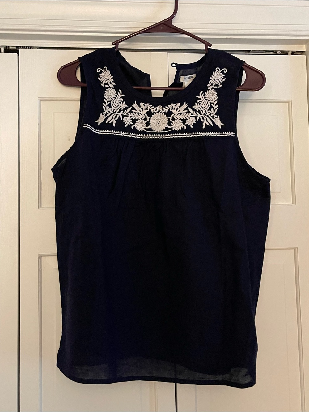 J. Crew Navy Sleeveless Top with White Embroidered Yoke